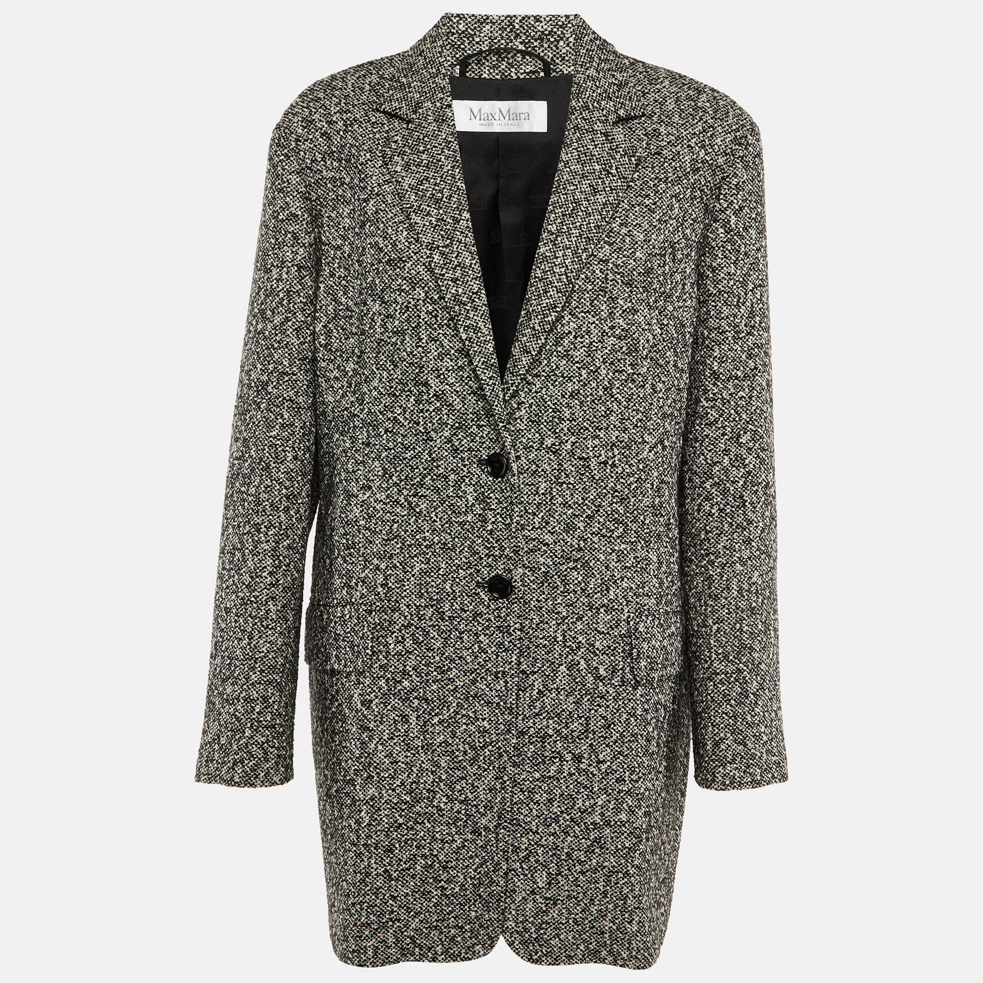 Pre-owned Max Mara Black /white Wool Tweed Oversized Ovale Blazer Jacket Xl