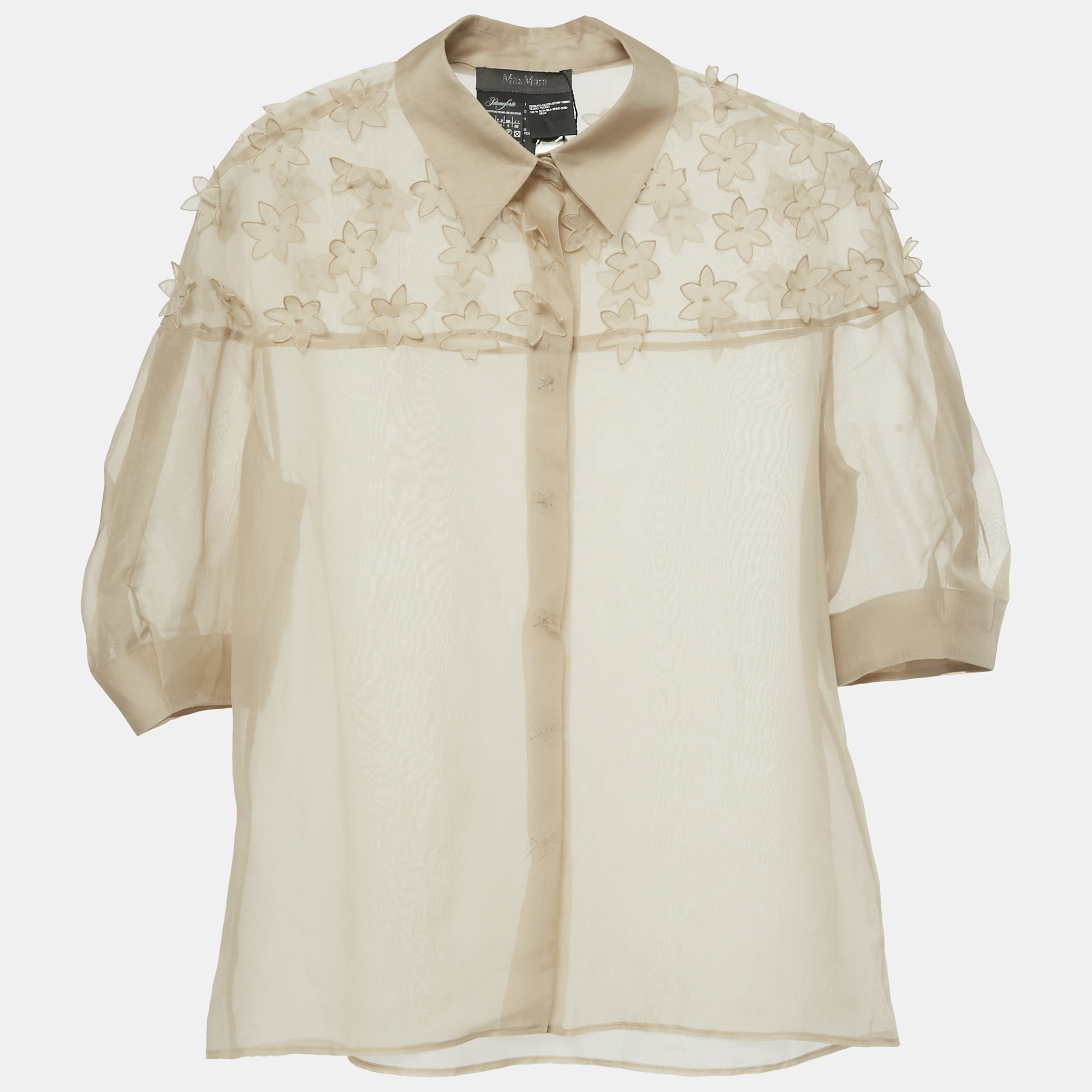 

Max Mara Beige Floral Applique Organza Silk Sheer Shirt XS