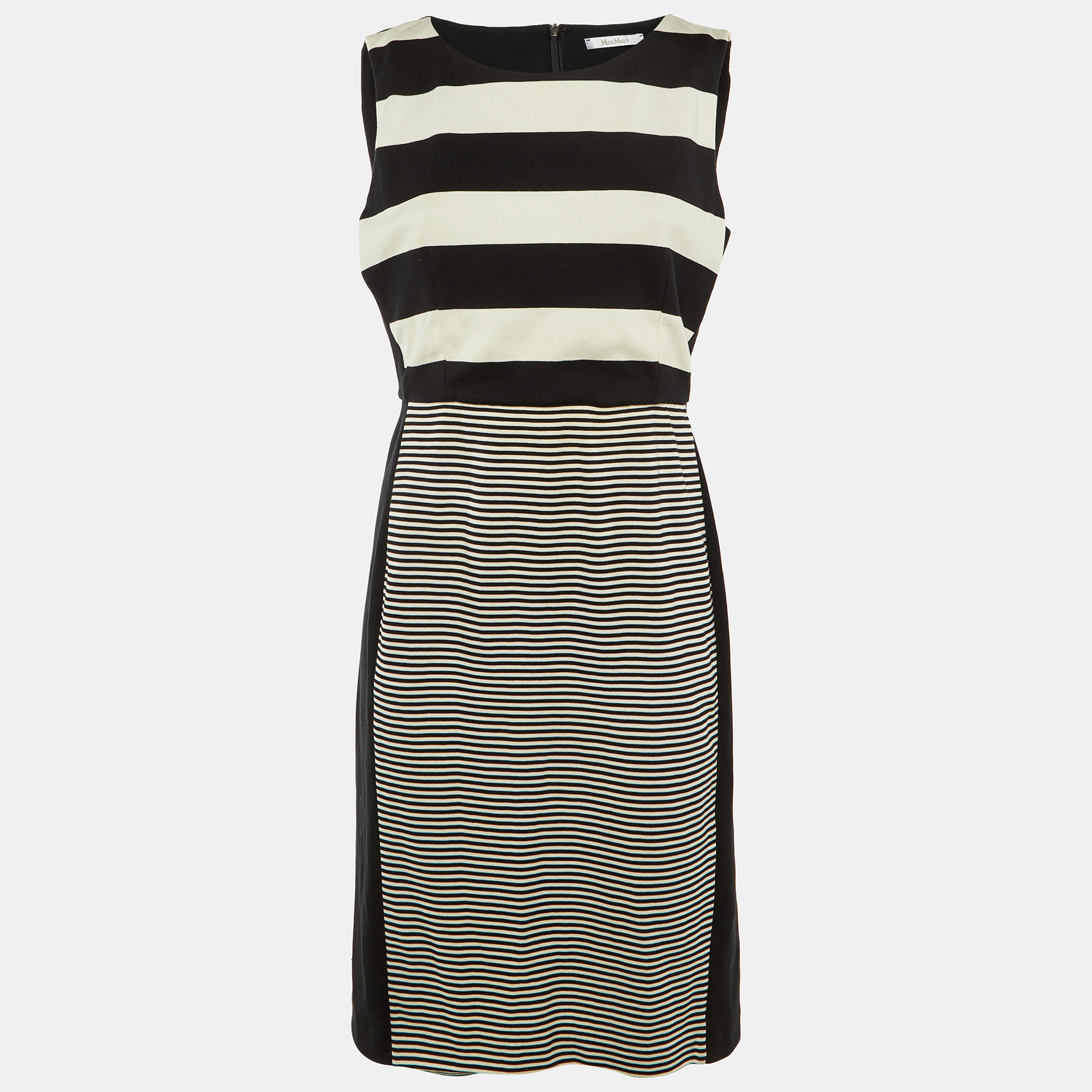 Pre-owned Max Mara Black /white Striped Cotton Knit Midi Dress M