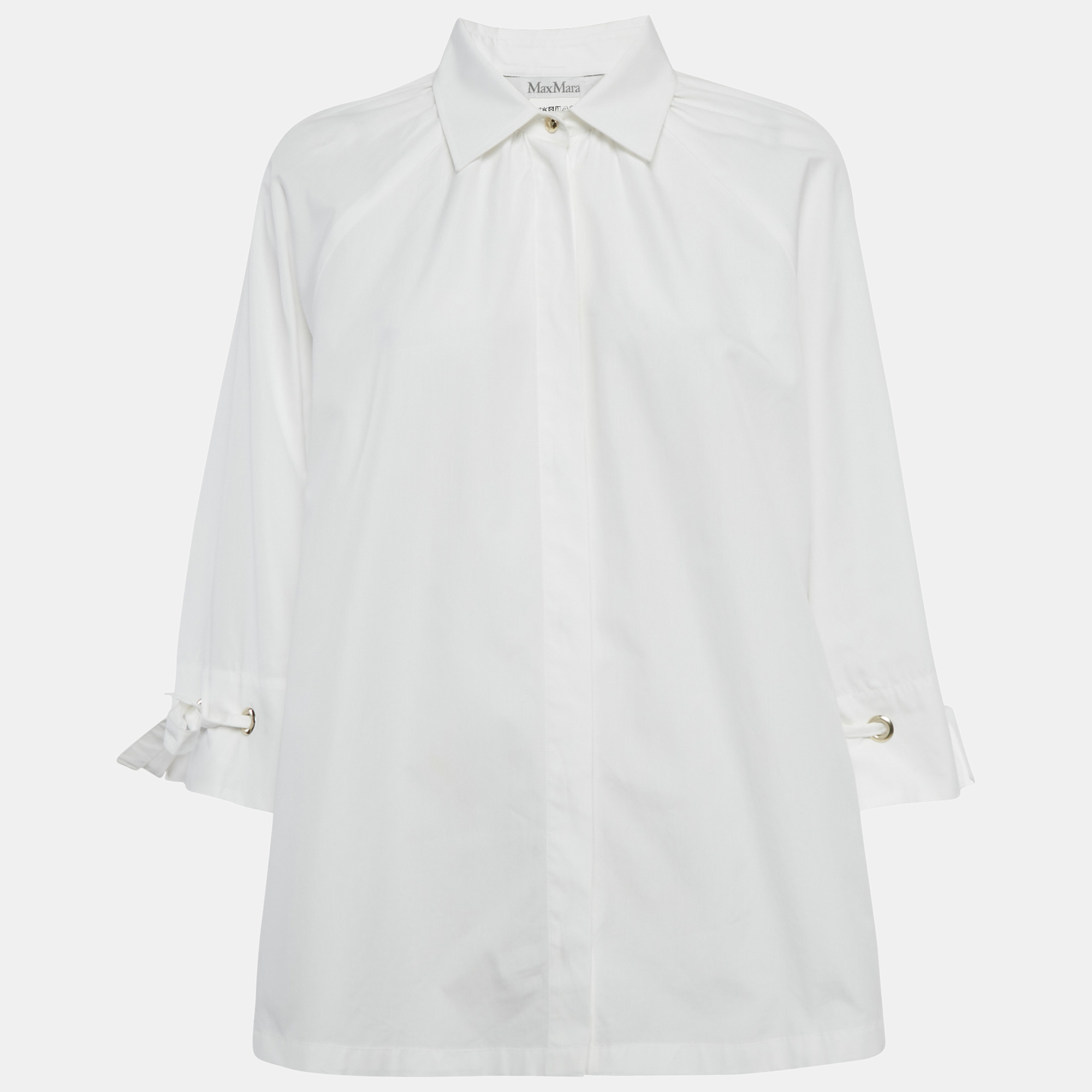 Pre-owned Max Mara White Cotton Sleeve Tie Detail Blouse L