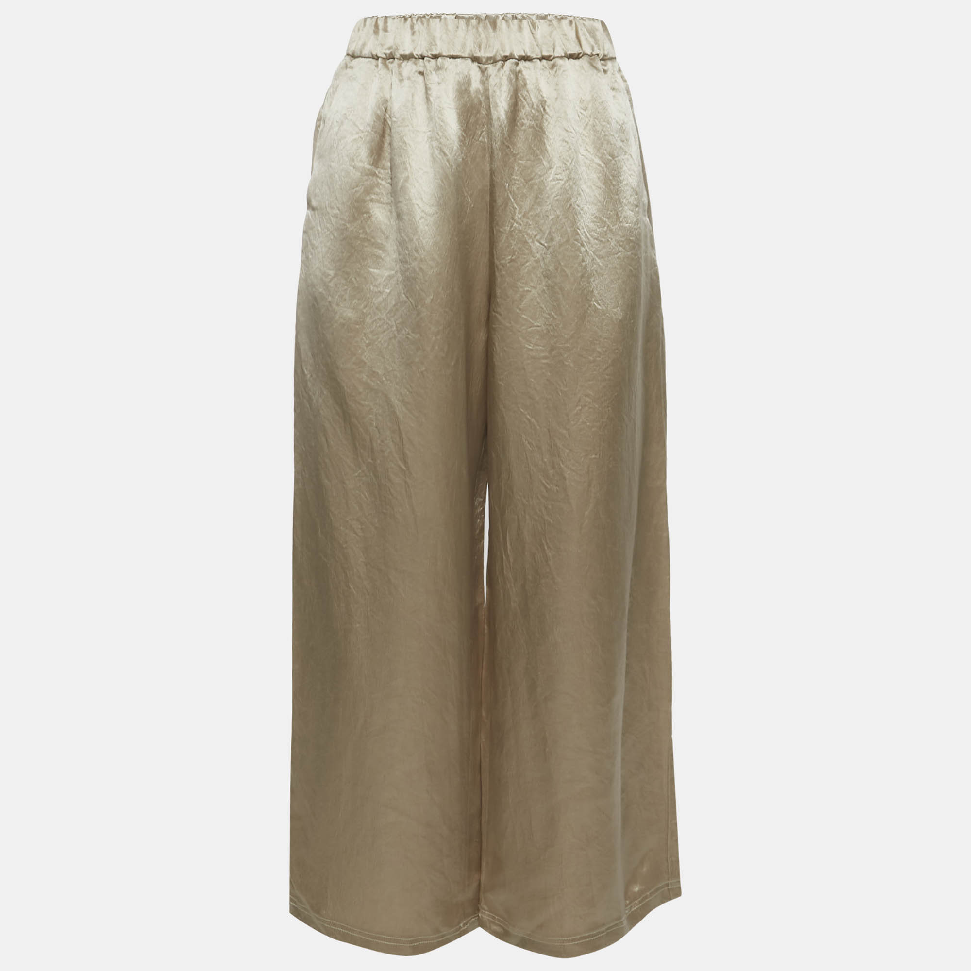 Pre-owned Max Mara Champagne Satin Wide Leg Trousers S In Sand