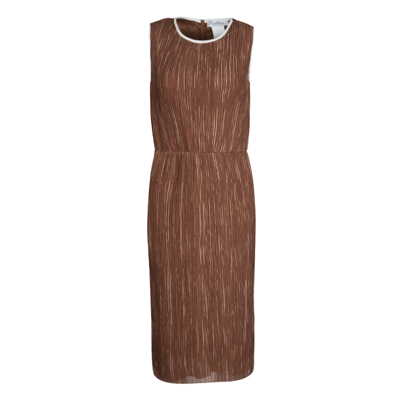 Pre Owned Max Mara Brown Plisse Belted Sleeveless Dress S