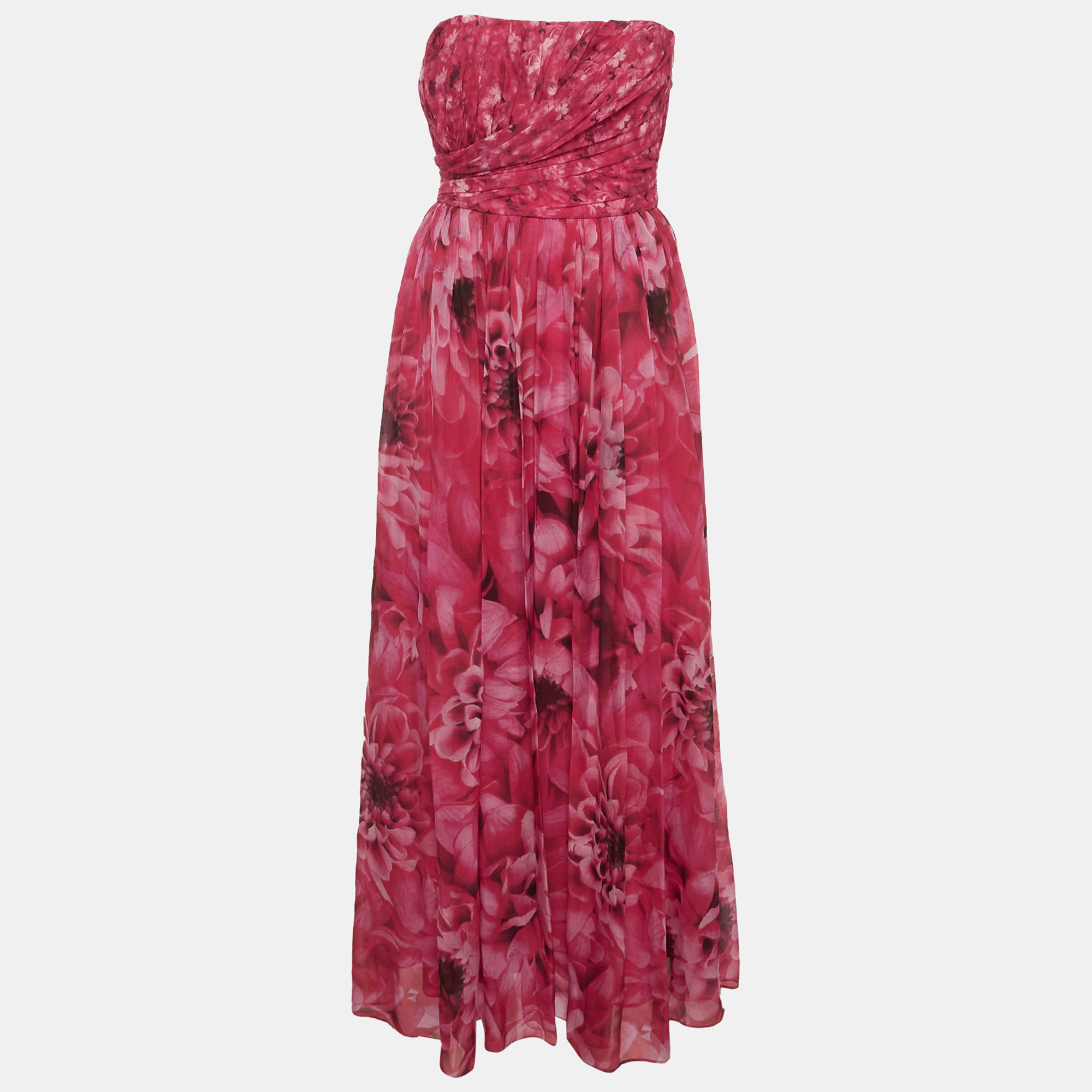 

Max Mara Pink Floral Print Chiffon Draped Strapless Dress M