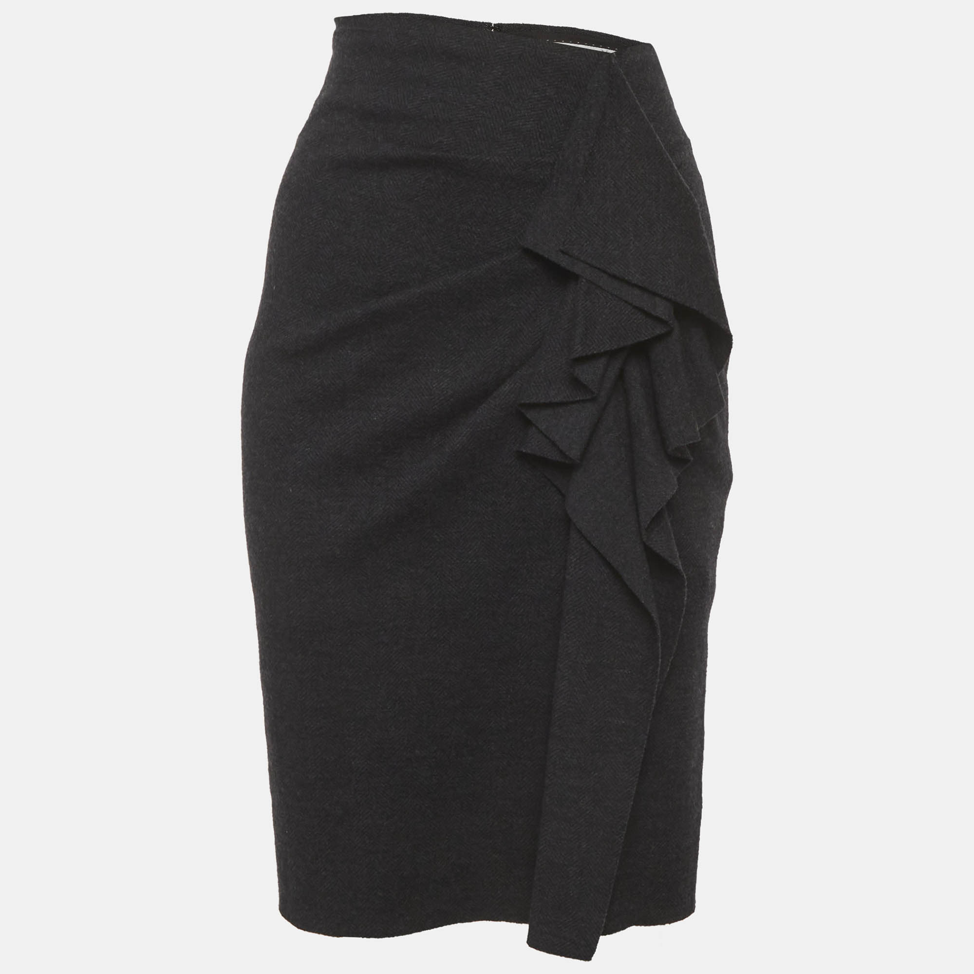 

Max Mara Grey Herringbone Wool Blend Ruffle Pencil Skirt S