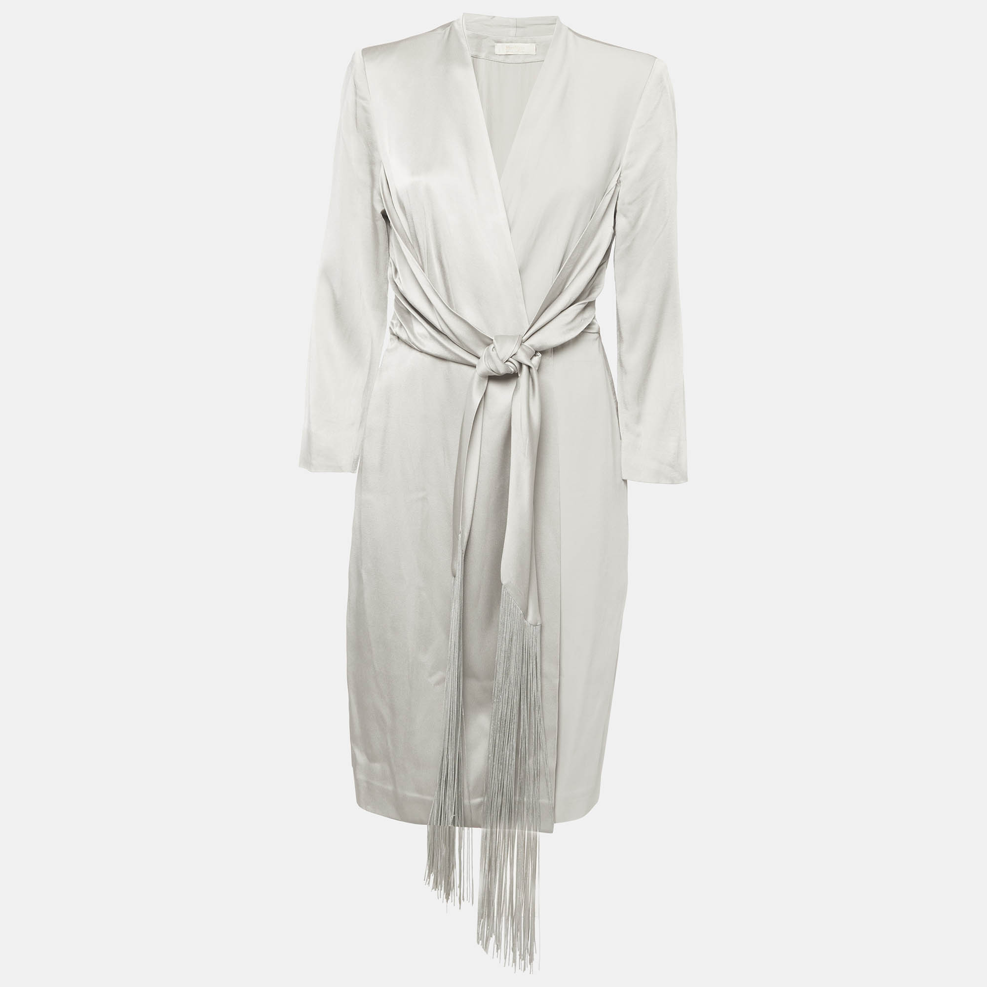 

Max Mara Grey Satin Draped Wrap Midi Dress L