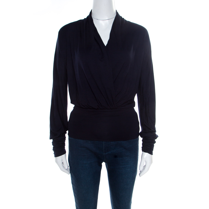 Pre Owned Max Mara Navy Blue Ruched Detail Draped Long Sleeve Blouse S
