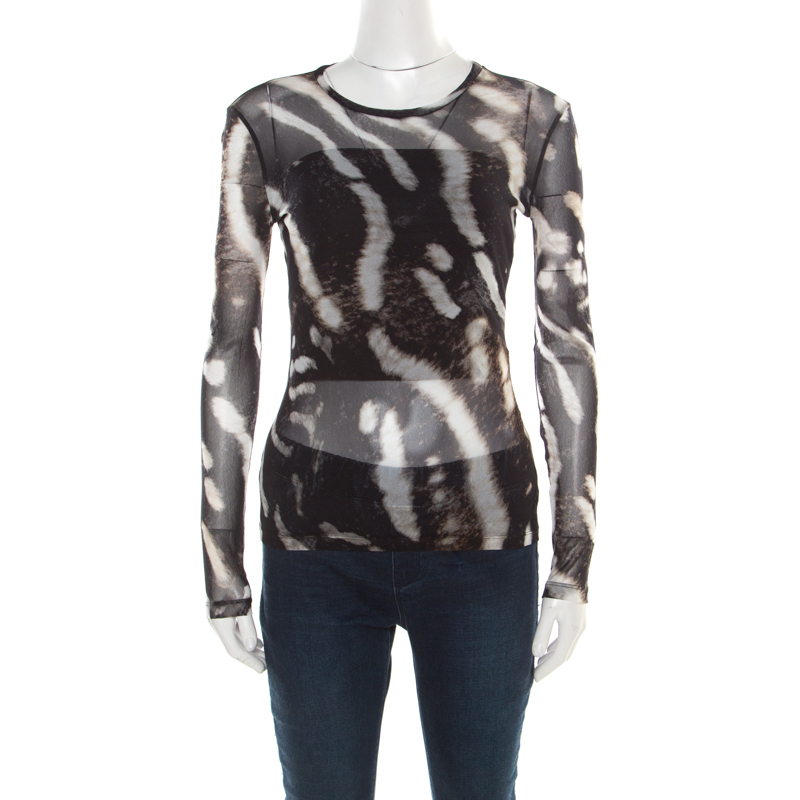 Pre Owned Max Mara Abstract Animal Print Nylon Jersey Long Sleeve Sheer Top S