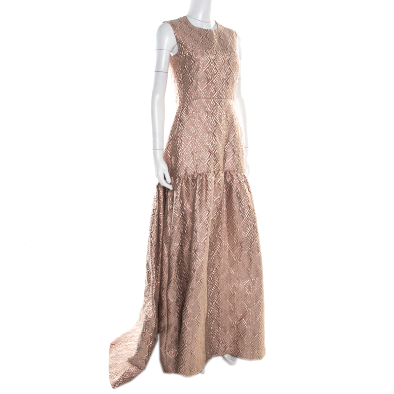 

Max Mara Blush Pink Lurex Jacquard Patterned Sleeveless Gabriel Evening Gown