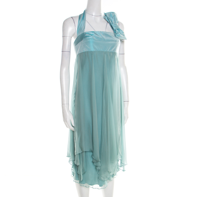 

Max Mara Pale Blue Silk Organza Draped Bow Detail Halter Dress