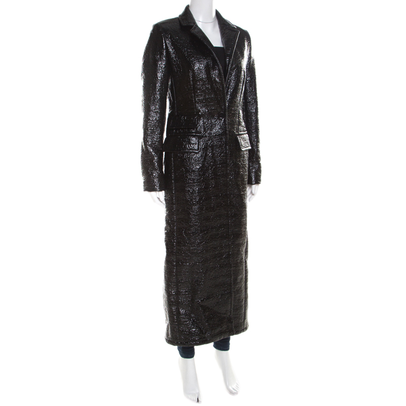 

Max Mara Mid Black Crinkled Faux Patent Leather Plaid Lined Overcoat