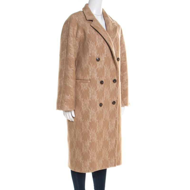 

Max Mara Sfilata Brown Camel Hair Lace Embroidered Double Breasted Salice Overcoat