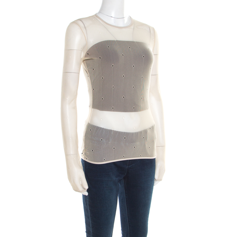 

Max Mara Beige Stretch Nylon Mesh Eyelet Embroidered Sheer Top