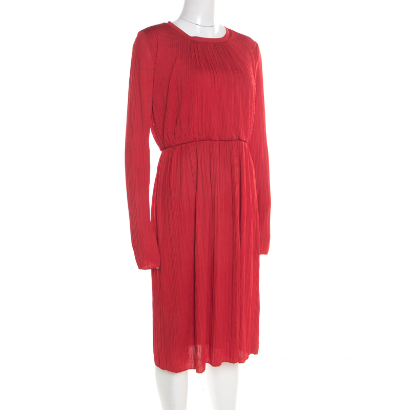 

Max Mara Red Plisse Jersey Xiria Long Sleeve Midi Dress M