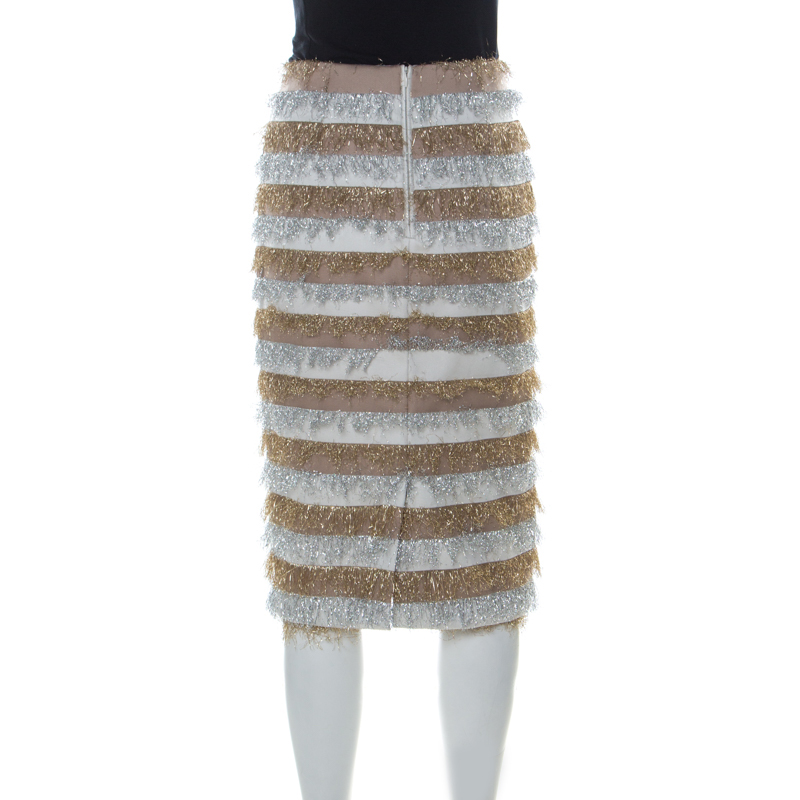 Pre-owned Max Mara Gold And Silver Metallic Fringed Crepe Gavetta Skirt S