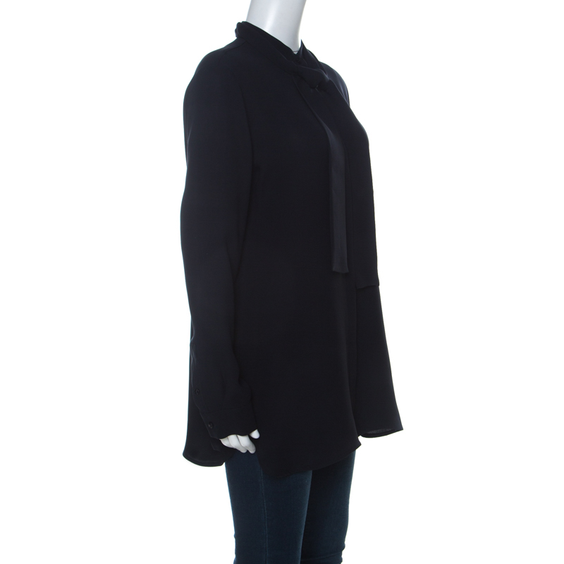 

Max Mara Navy Blue Crepe Tie-Neck Detail Front Button Shirt