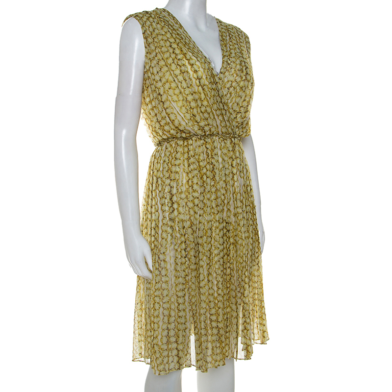 

Max Mara Yellow Printed Silk Pleated Sleeveless Dress