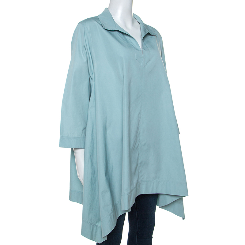 

Max Mara Pale Blue Cotton Hi-Lo Hem Collared Top