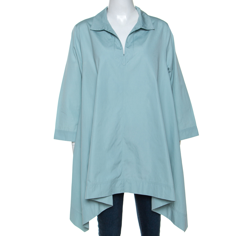 Pre Owned Max Mara Pale Blue Cotton Hi-Lo Hem Collared Top L