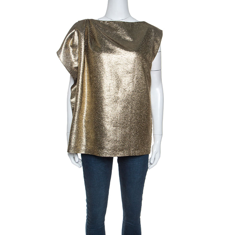 Pre-owned Max Mara Metallic Gold Pleated Shoulder Detail Top M | ModeSens