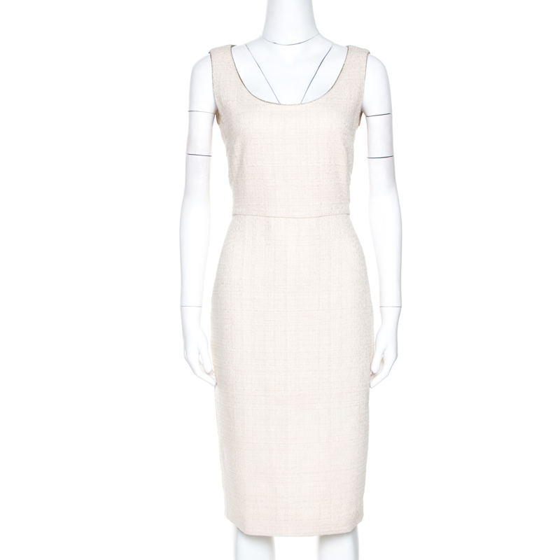 Pre Owned Max Mara Cream Cotton Tweed Lina Sheath Dress M