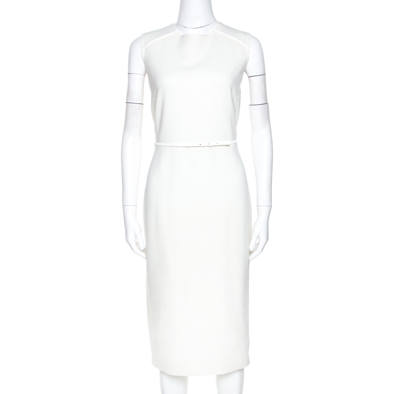 Pre-owned Max Mara Off White Stretch Wool Sleeveless Belted Dress M