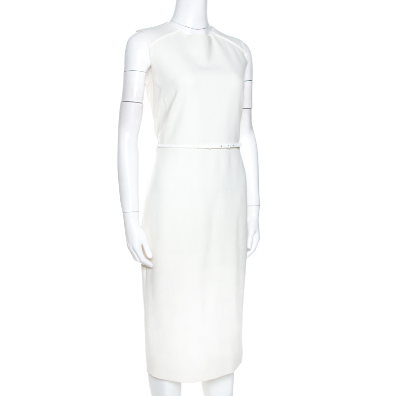 

Max Mara Off White Stretch Wool Sleeveless Belted Dress