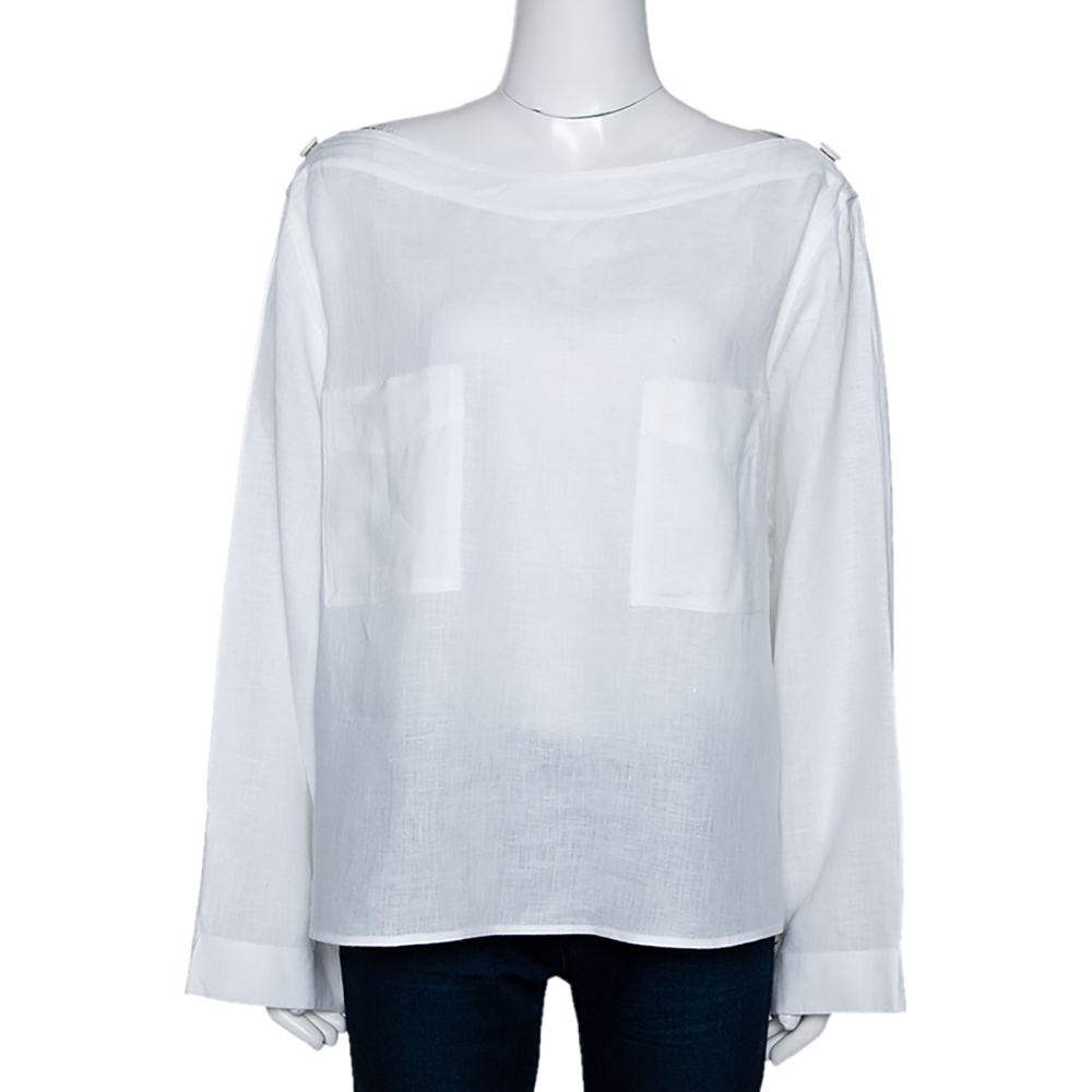 Pre Owned Max Mara White Linen Arabba Long Sleeve Blouse L