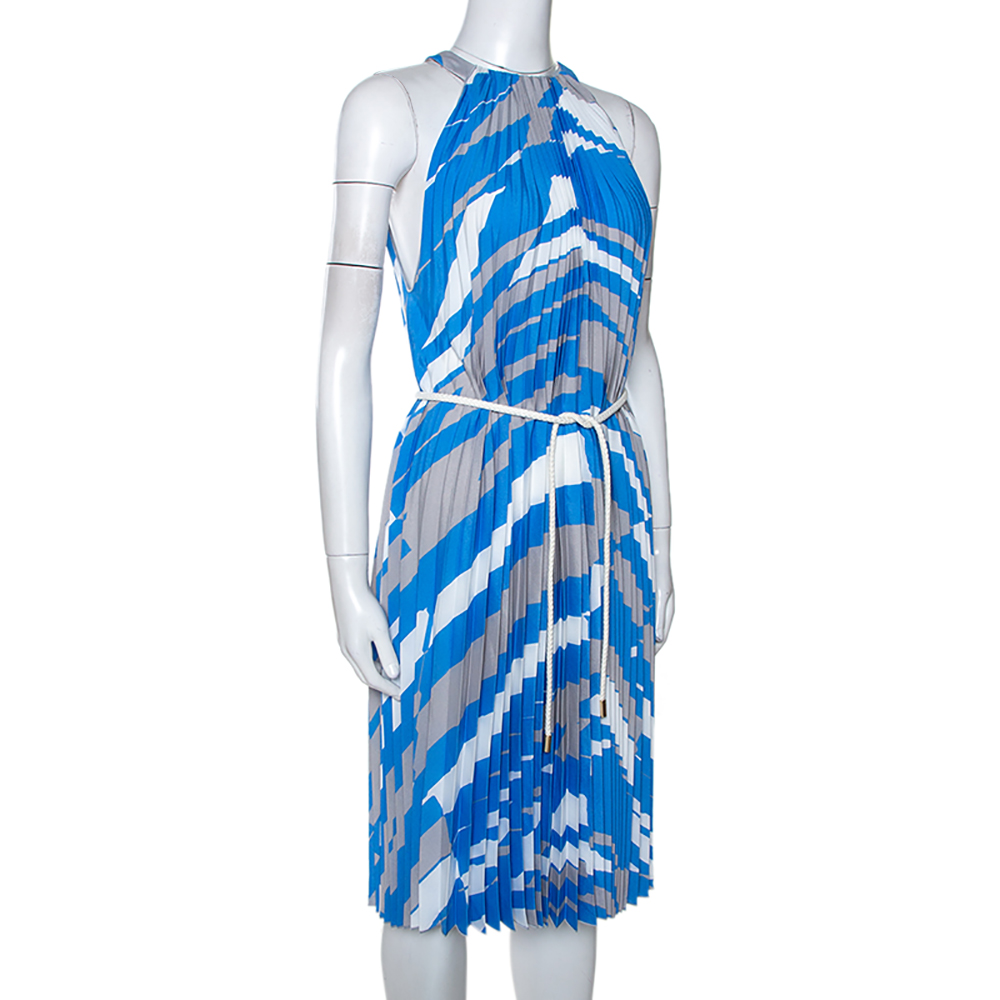 

Max Mara Blue Plisse Belted Sleeveless Dress