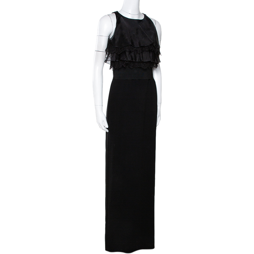 

Max Mara Black Silk Lace Trim Sleeveless Maxi Dress