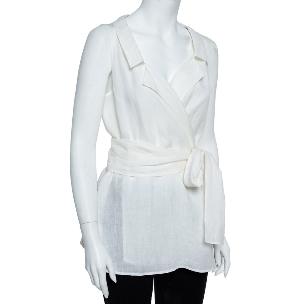 

Max Mara Off-White Pure Linen Belted Wrap Blouse