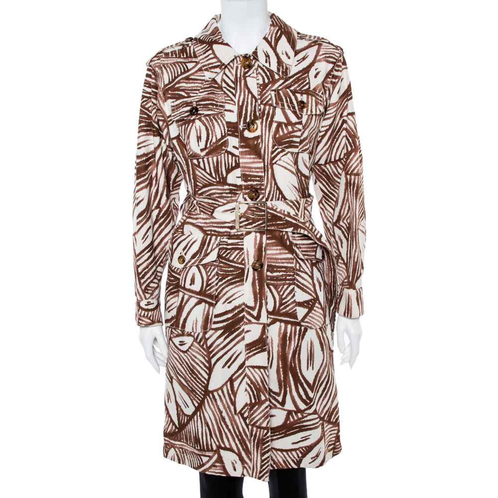 White & Brown Printed Canvas Belted Coat