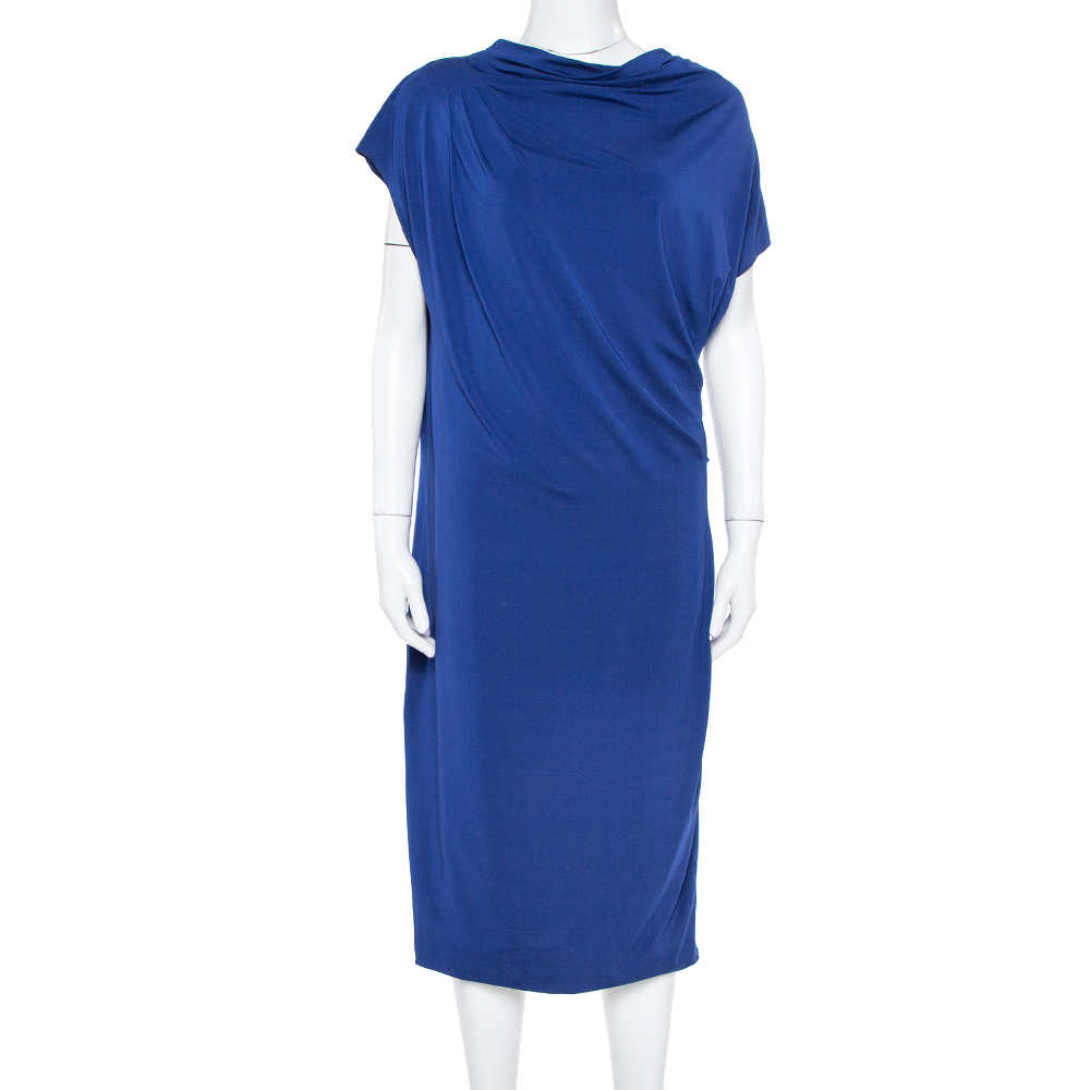Pre-owned Max Mara Royal Blue Draped Jersey Asymmetric Midi Dress L