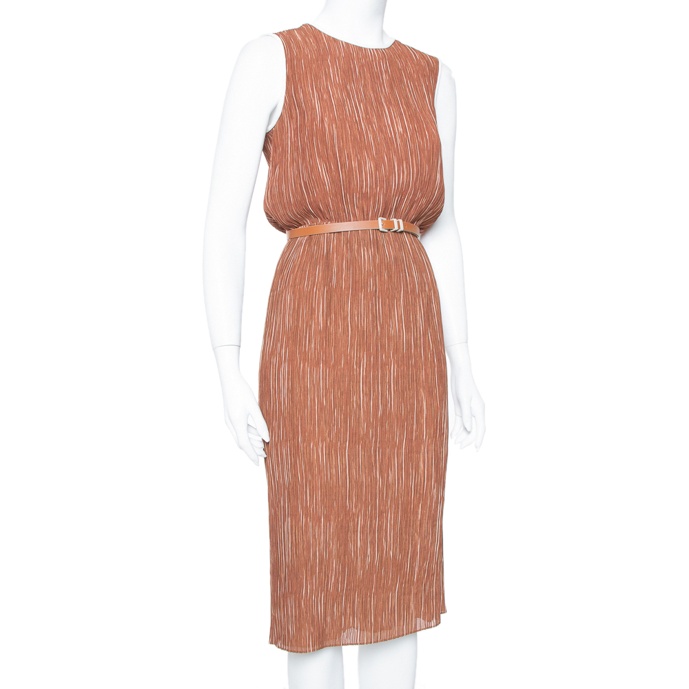 

Max Mara Brown Plisse Belted Sleeveless Dress