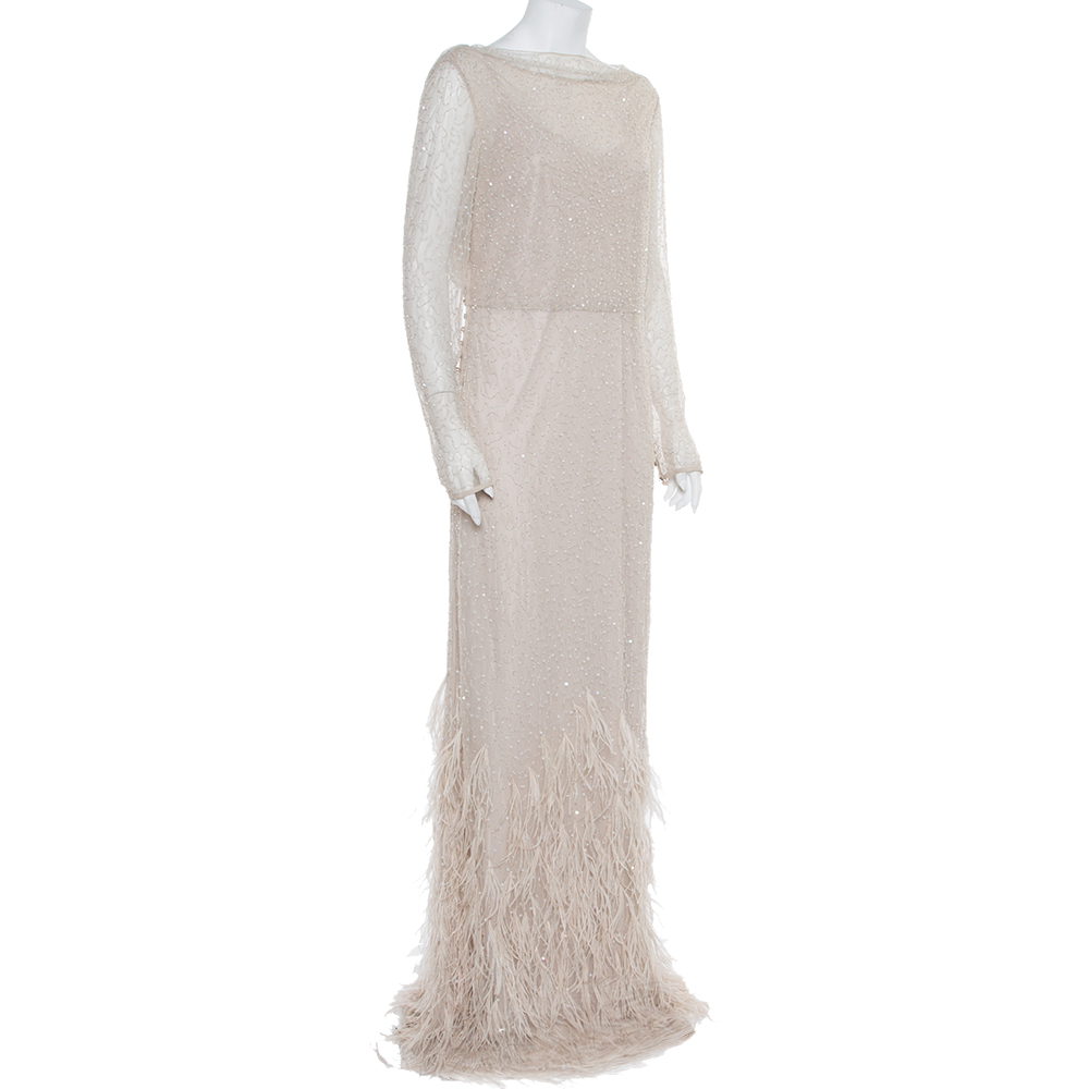 

Max Mara Beige Tulle Sequin & Feather Embellished Gown