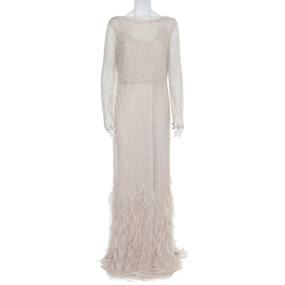 Pre-owned Max Mara Beige Tulle Sequin & Feather Embellished Gown M