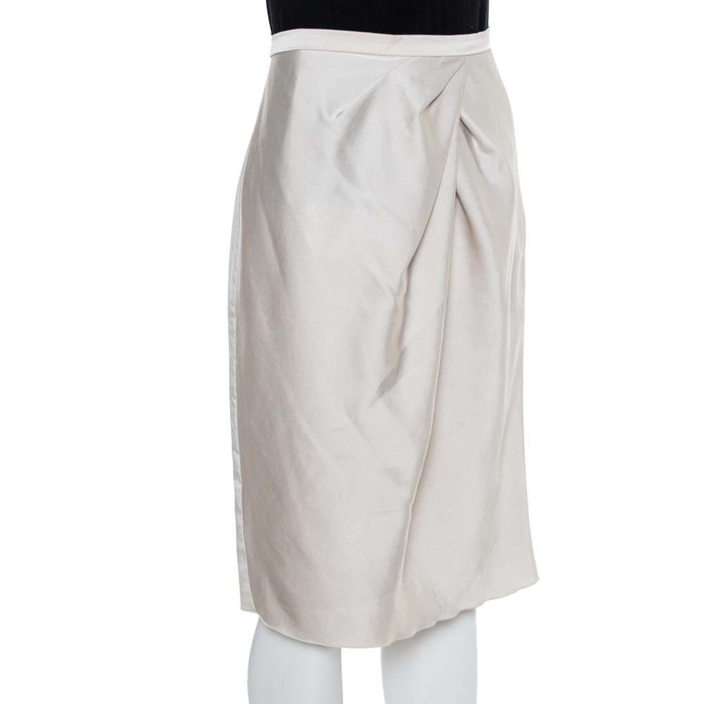 

Max Mara Studio Cream Satin Pleated Detail Midi Skirt