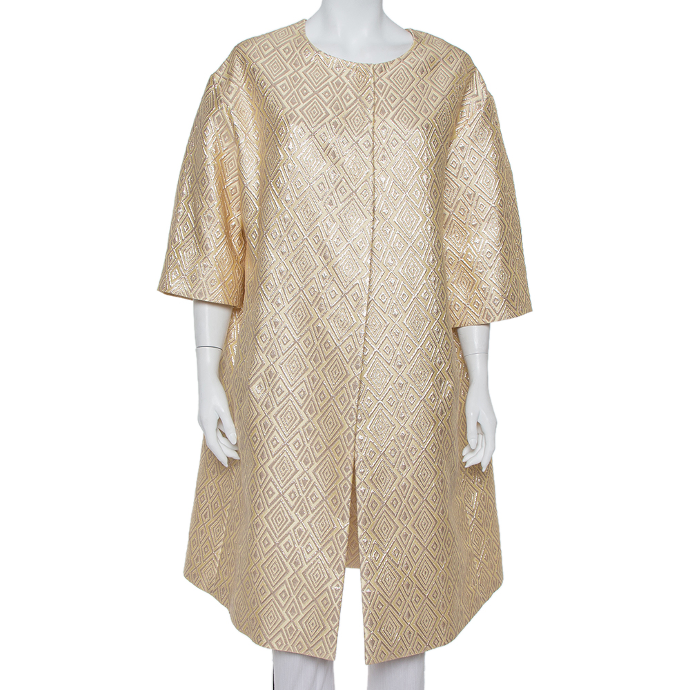 Pre-owned Max Mara Gold Brocade Button Front Mid Length Oversized Coat S