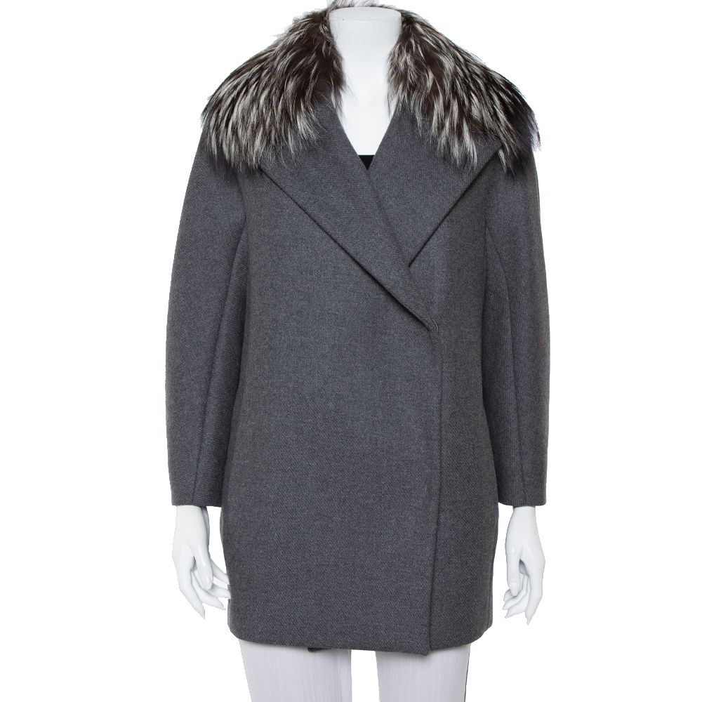 Pre-owned Max Mara Atelier Grey Collar Fur Lined Double Breasted Jacket S