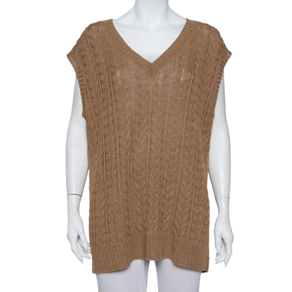 Pre-owned Max Mara Camel Brown Cable Knit Sleeveless Sweater L