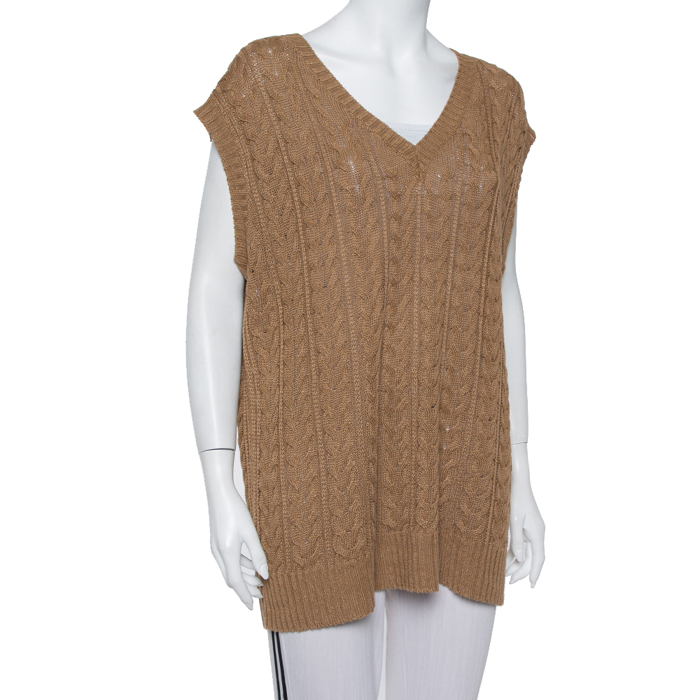 

Max Mara Camel Brown Cable Knit Sleeveless Sweater