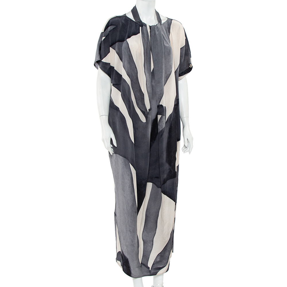 

Max Mara Grey Abstract printed Silk Draped Neck Maxi Dress