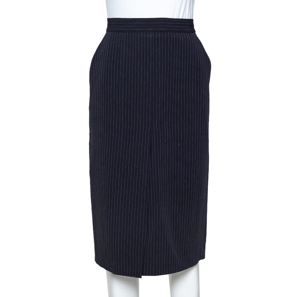 

Max Mara Navy Blue Striped Wool Pencil Skirt