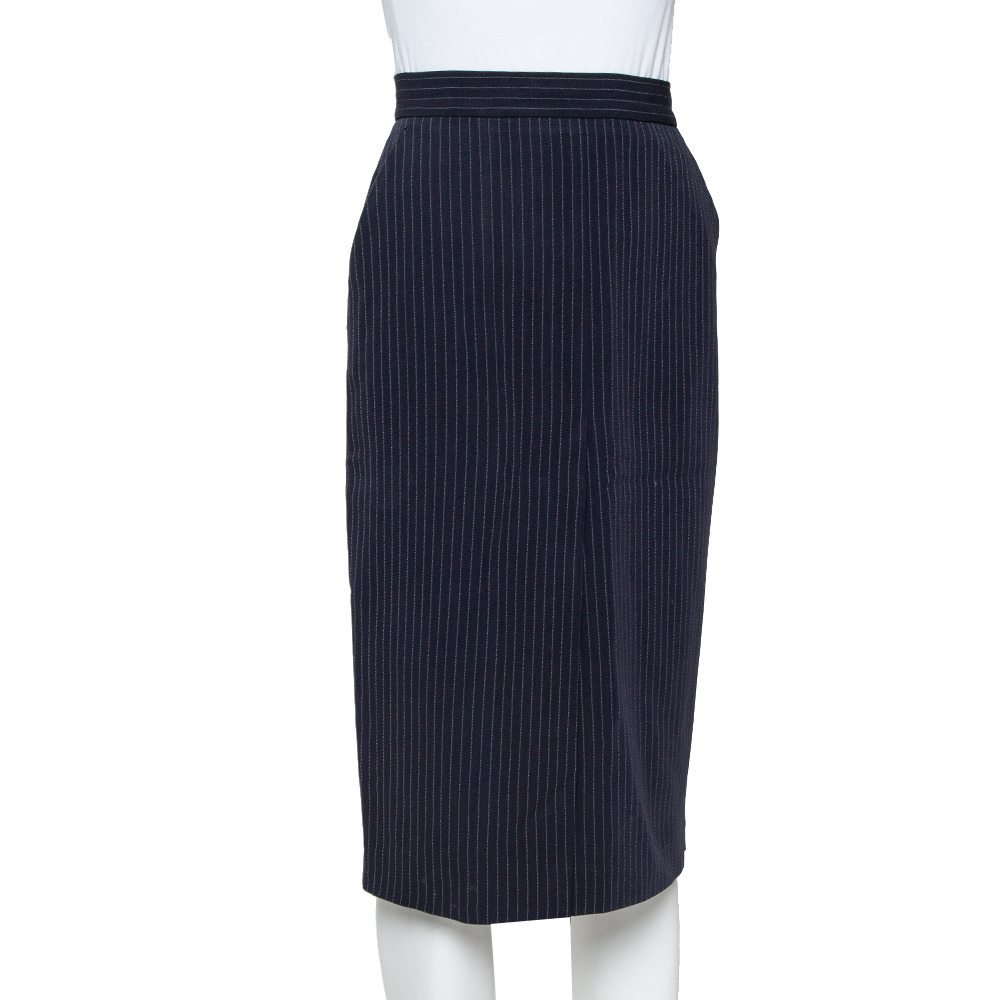 Pre-owned Max Mara Navy Blue Striped Wool Pencil Skirt M