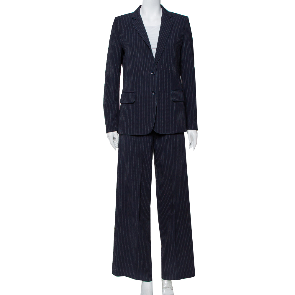 Pre-owned Max Mara Navy Blue Pinstriped Wool Selz Suit M