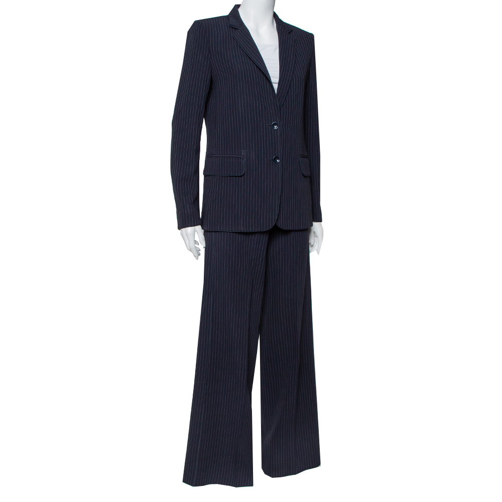 

Max Mara Navy Blue Pinstriped Wool Selz Suit