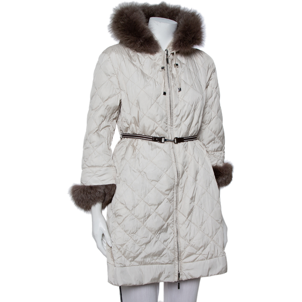 

Max Mara The Cube Cream Quilted Fur Lined Hooded Jacket