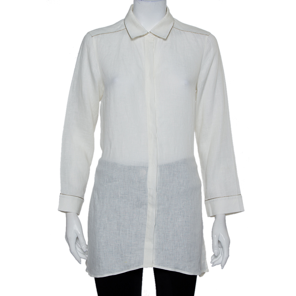 Pre-owned Max Mara White Linen & Silk Waist Tie Detail Paneled Shirt M