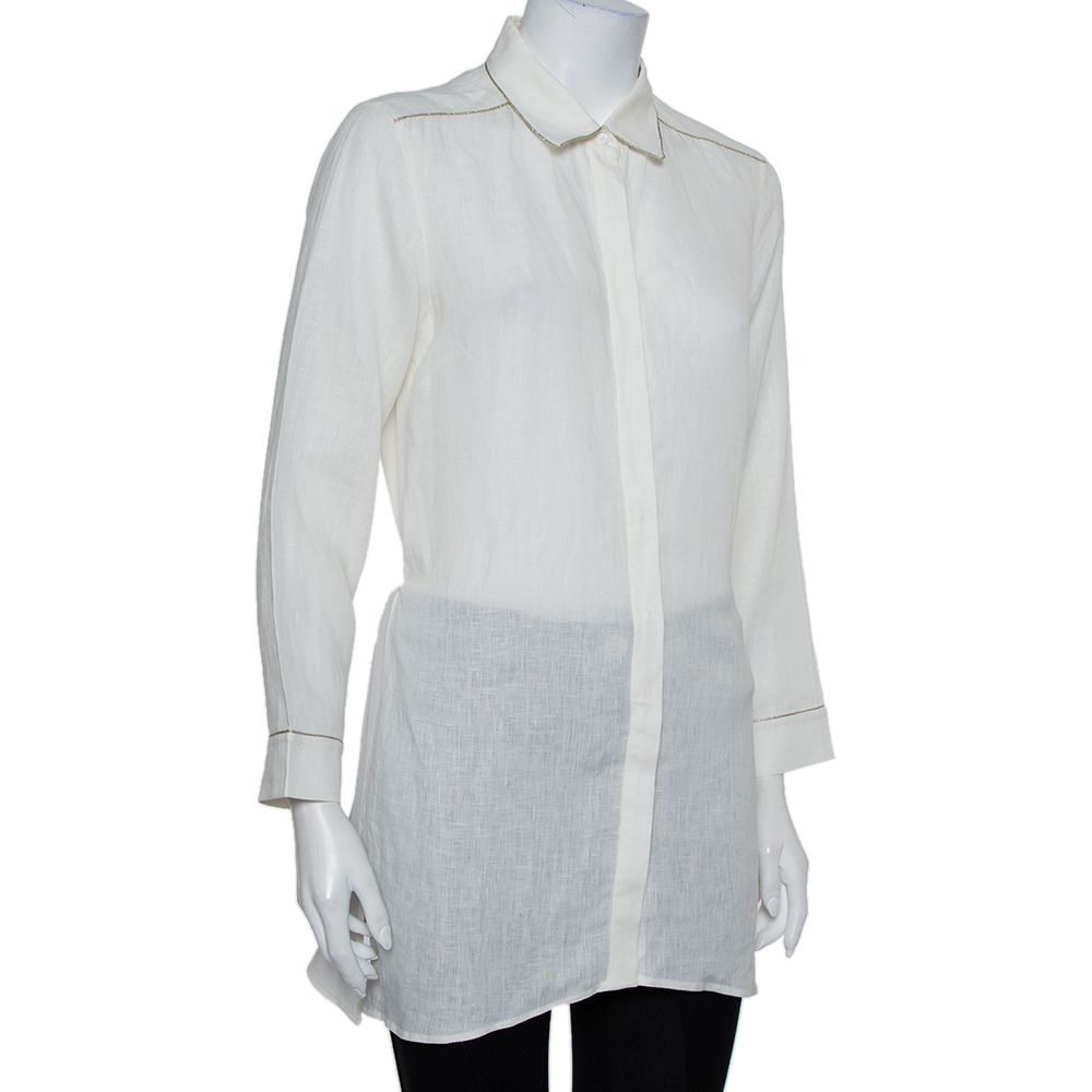 

Max Mara White Linen & Silk Waist Tie Detail Paneled Shirt