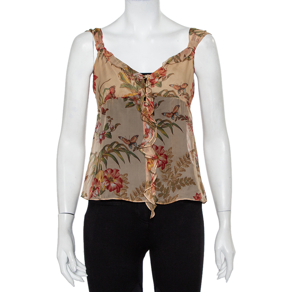 Pre-owned Max Mara Beige Floral Printed Silk Button Front Ruffled Cami Top S