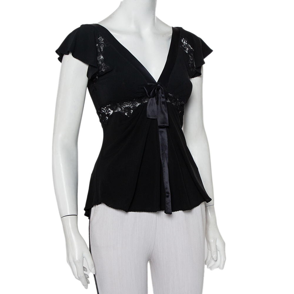 

Max Mara Black Knit & Lace Trim Bow Detail Top